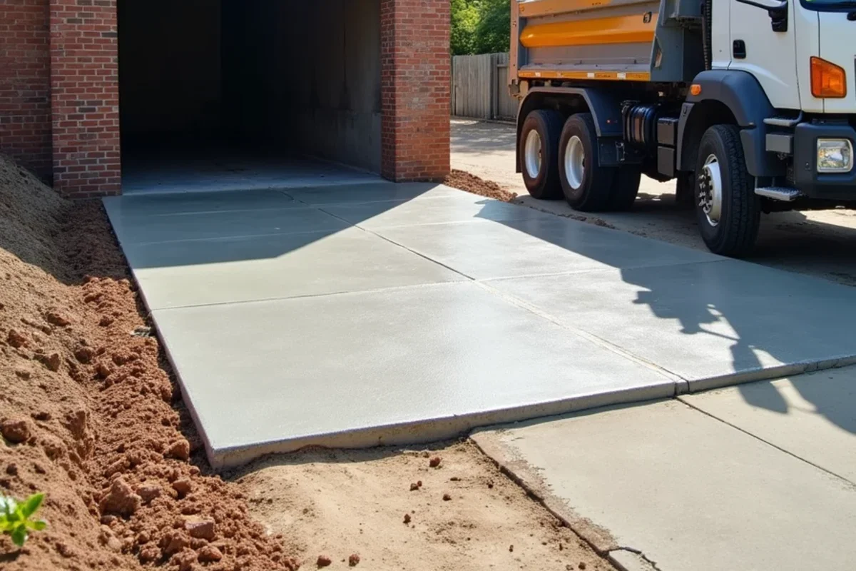 Commercial dumpster enclosure approach apron showing heavy truck tire wheel wear and joint repair