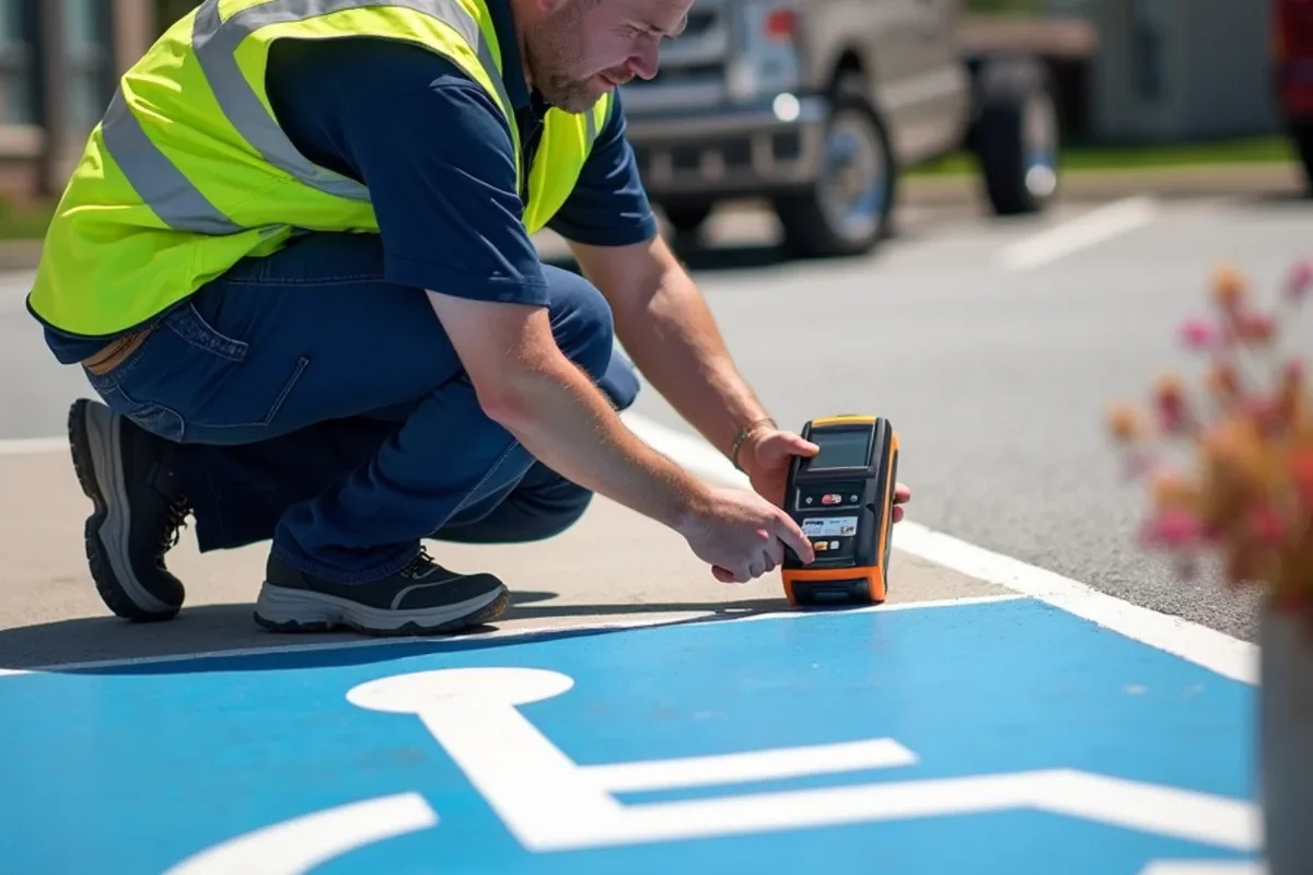 Property manager measuring cross slope on commercial accessible van parking stall aisle