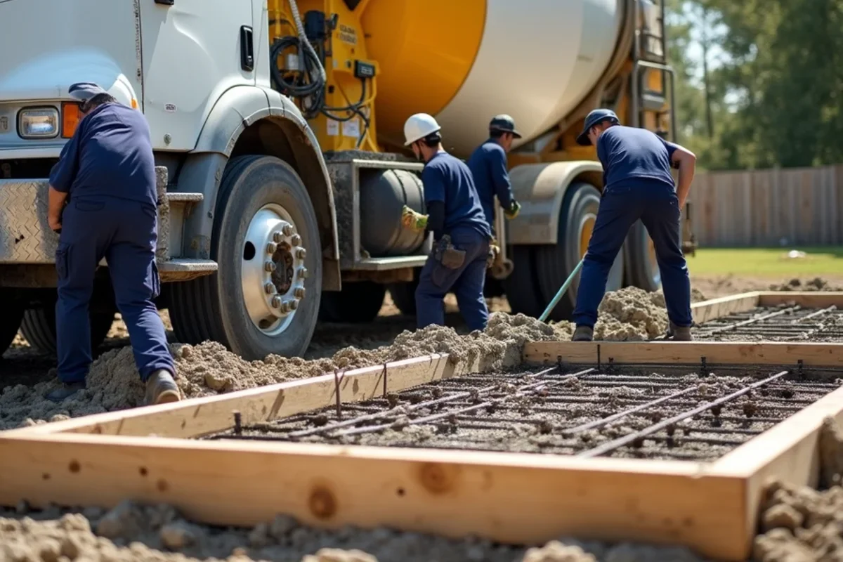 Ready-mix concrete truck discharging 4000 PSI concrete mix down chute into driveway forms