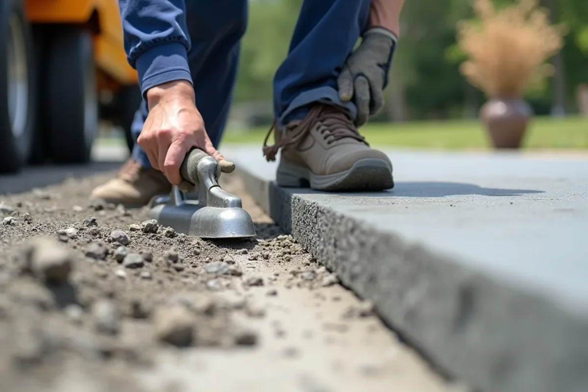 Artisan concrete finisher working curved edge tool along driveway perimeter formwork