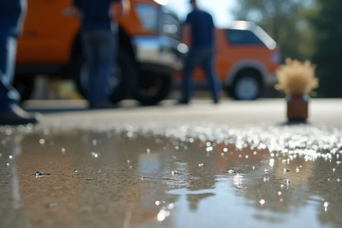 Water droplets tightly beading on sealed concrete surface indicating active silane protection