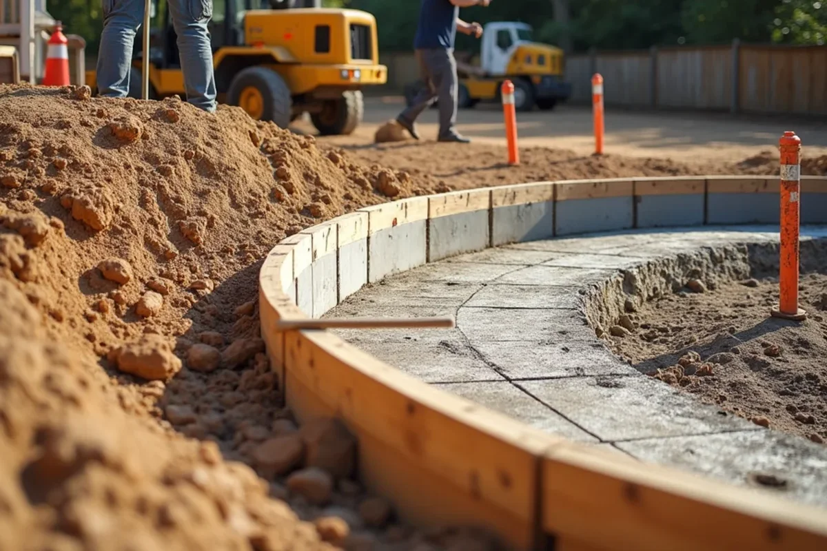 Integrated concrete retention curb and patio step formwork on sloped Aiken County yard