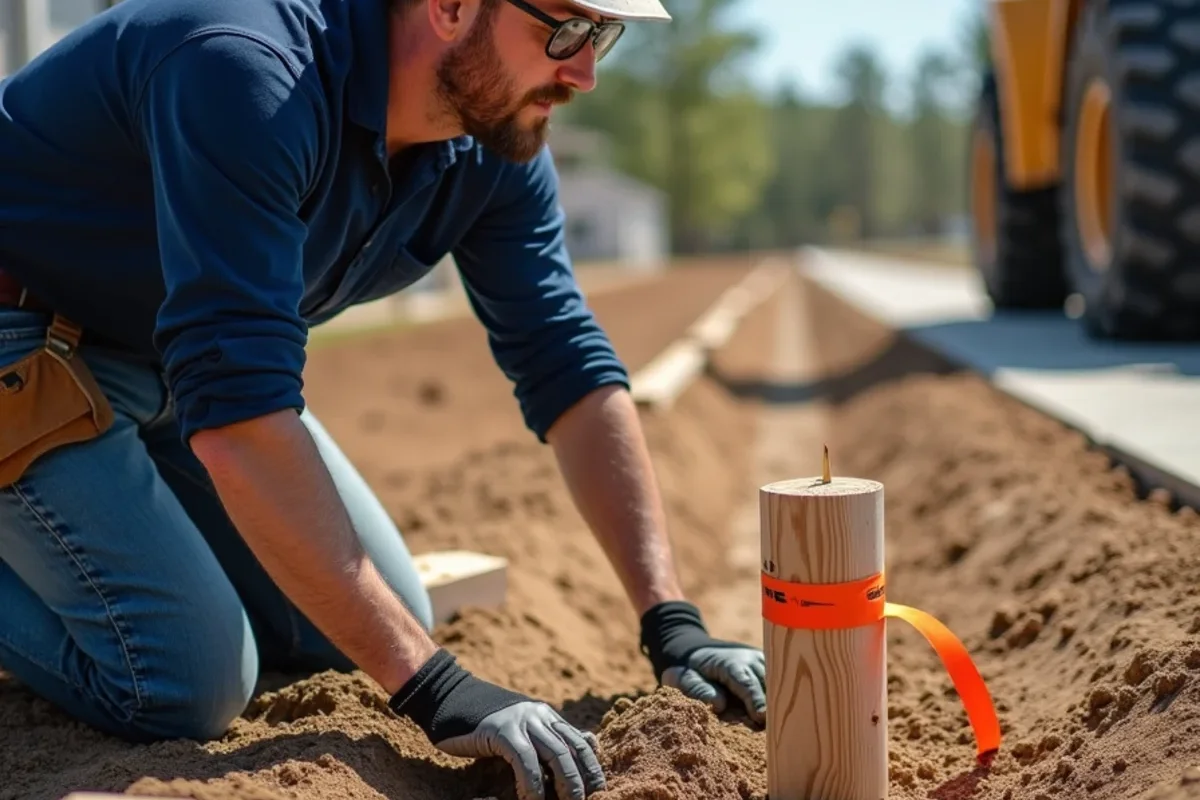 Surveyor locating iron property boundary pin with magnetic locator near planned driveway forms