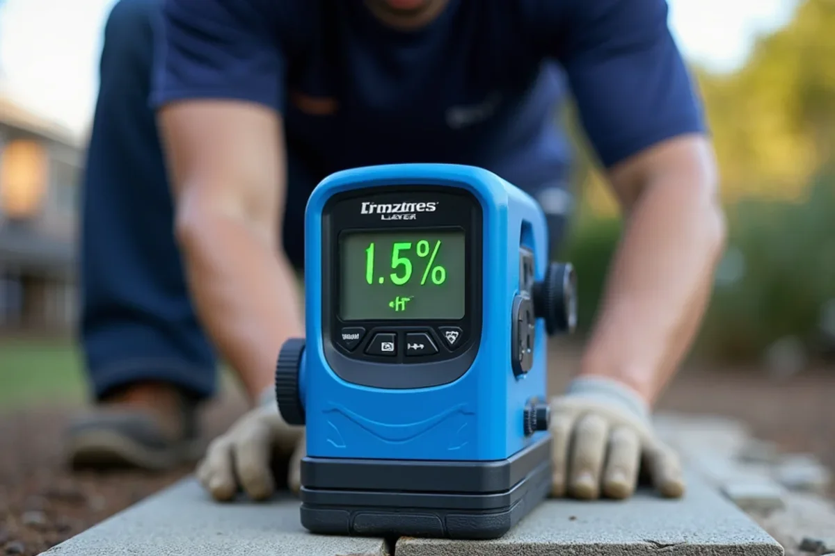Digital smart level resting on concrete sidewalk reading exact 1.5 percent ADA cross slope