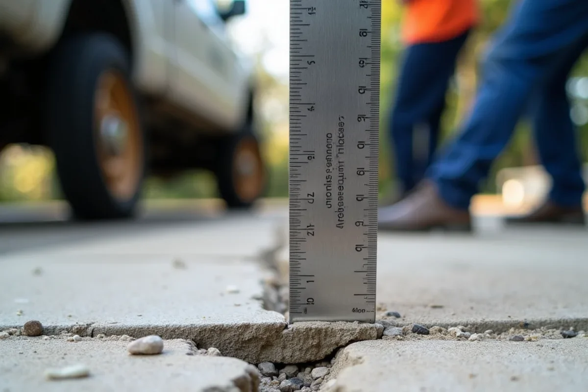 High-contrast steel ruler placed across structural concrete crack for insurance claim proof