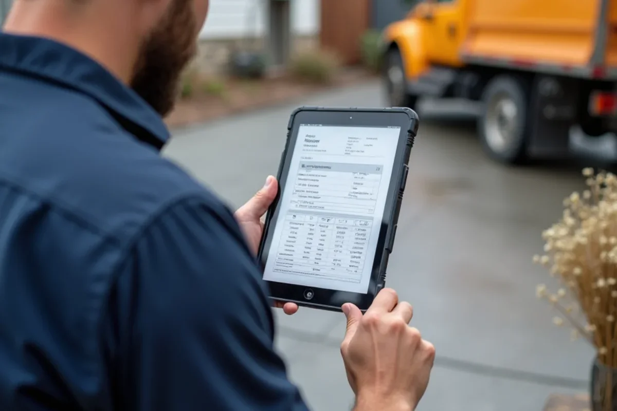 Concrete contractor reviewing itemized engineering scope document on tablet at job site