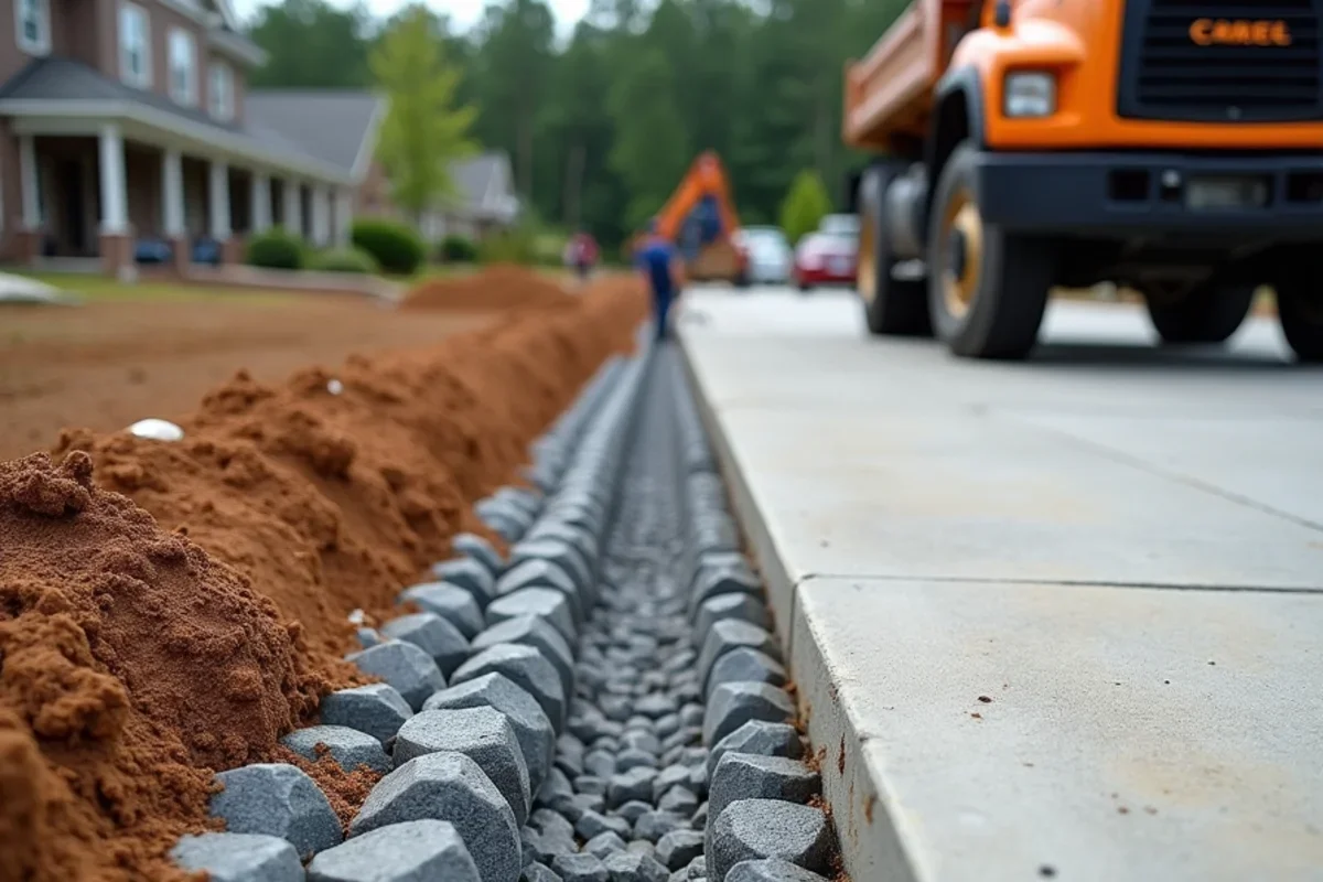 Heavy granite rip-rap stone lining a roadside ditch to prevent driveway shoulder erosion