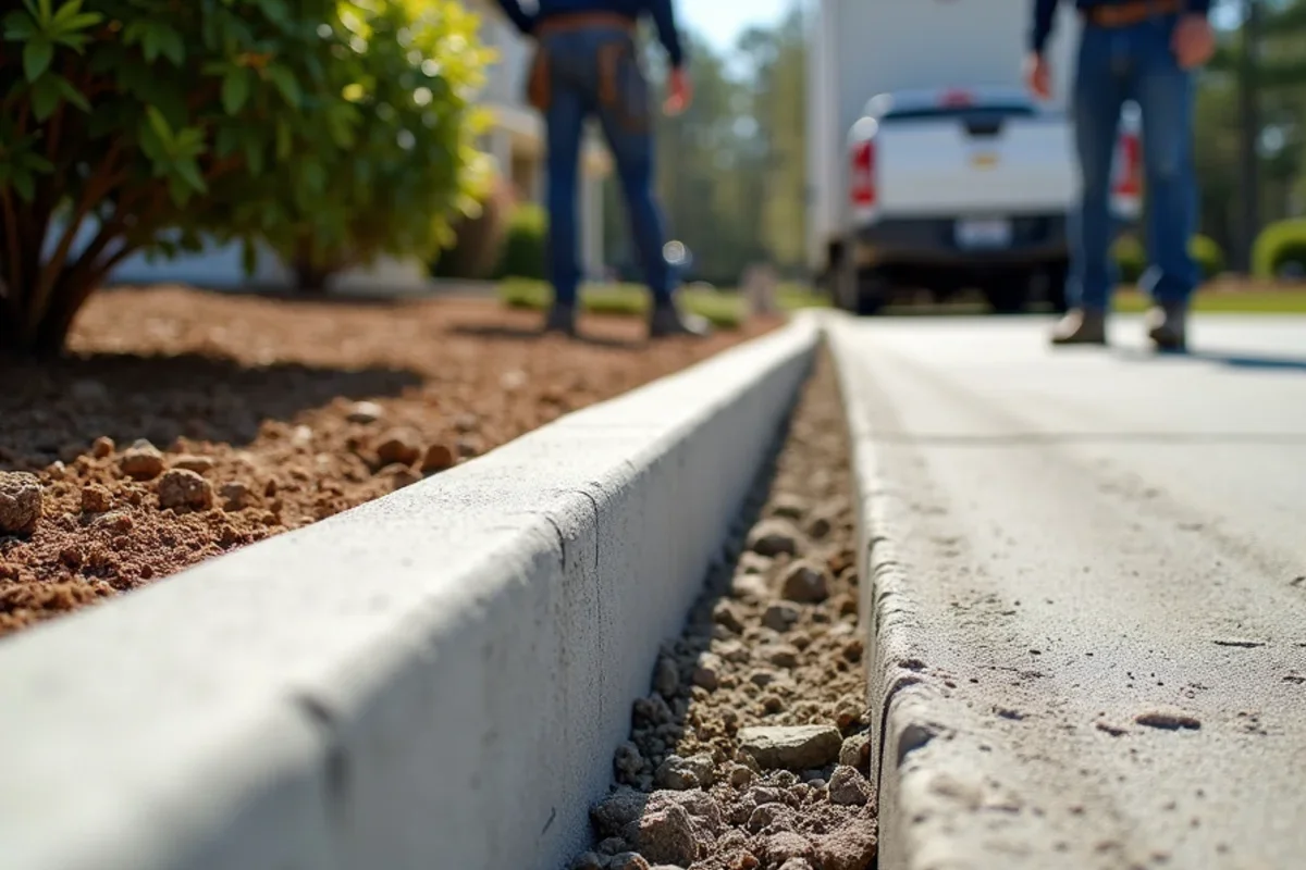 Poured concrete mountable curb along driveway edge keeping high-velocity runoff on the slab