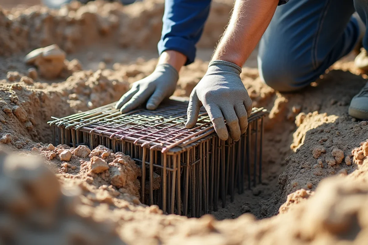 Tied rebar reinforcement inside 12-inch thickened concrete footing excavated for two-post lift