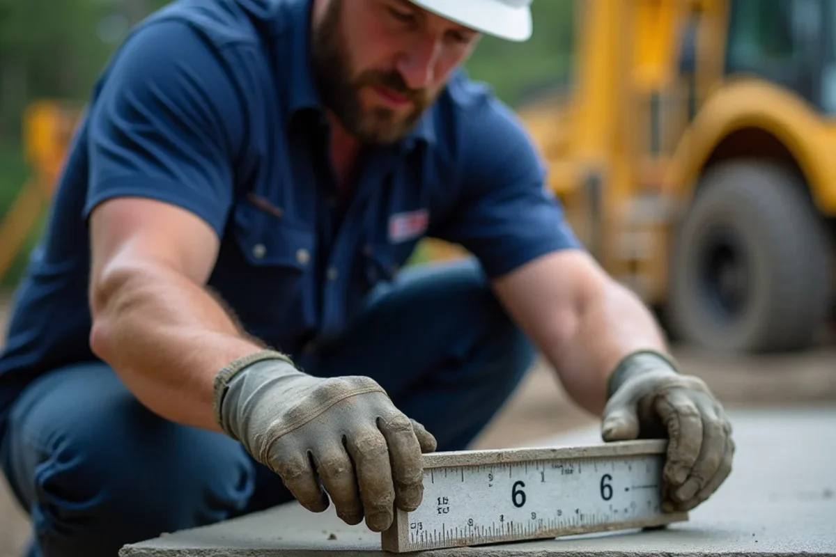 Digital caliper measuring concrete core sample confirming exact 6-inch slab depth
