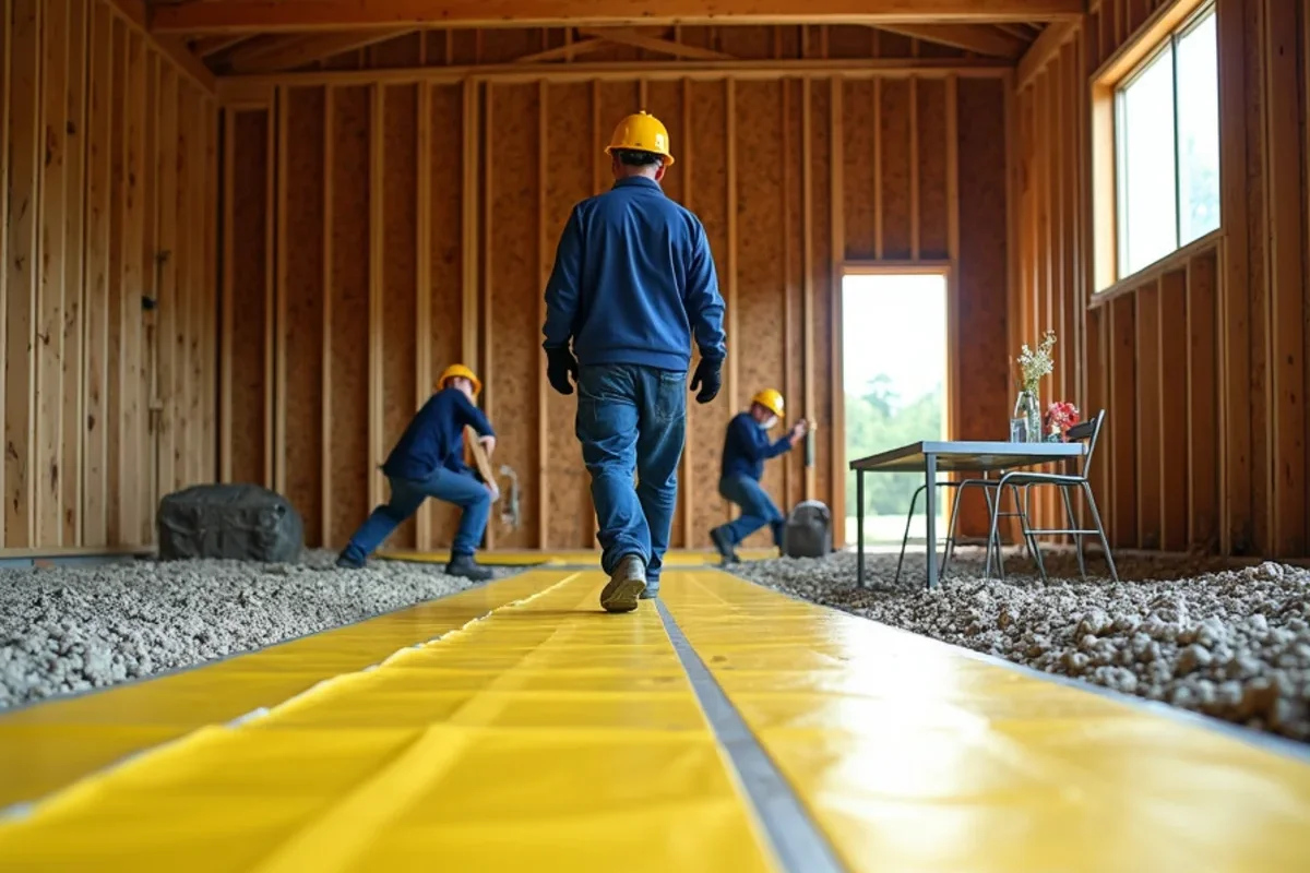 Heavy 15-mil polyolefin vapor retarder taped with vapor-proof seams across compacted subbase