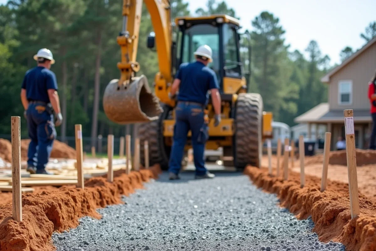 Thick 6-inch compacted crushed granite aggregate layer isolating concrete from expansive clay