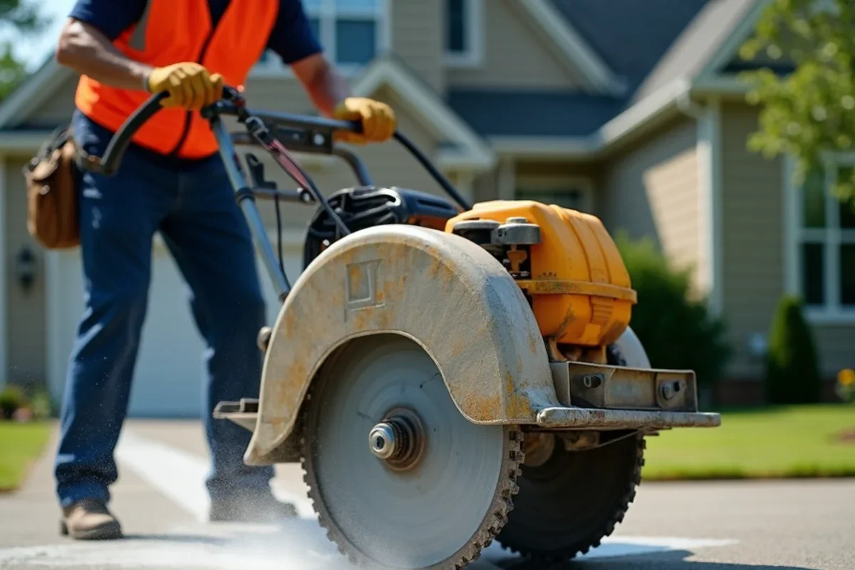 Walk-behind wet concrete saw cutting straight expansion boundary around broken panel