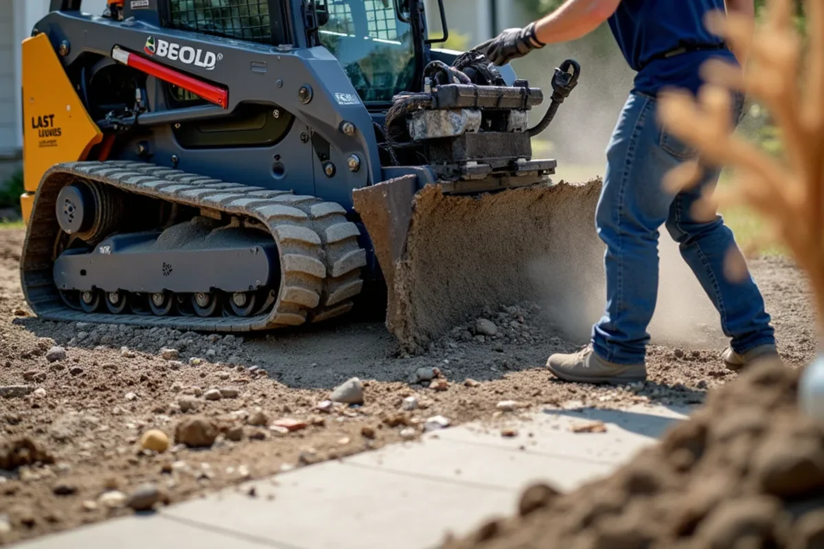 Skid steer with hydraulic breaker attachment fracturing damaged concrete panel for removal