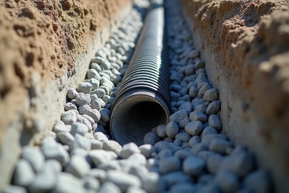 Perforated corrugated drainage pipe with geotextile filter fabric sock in washed stone trench