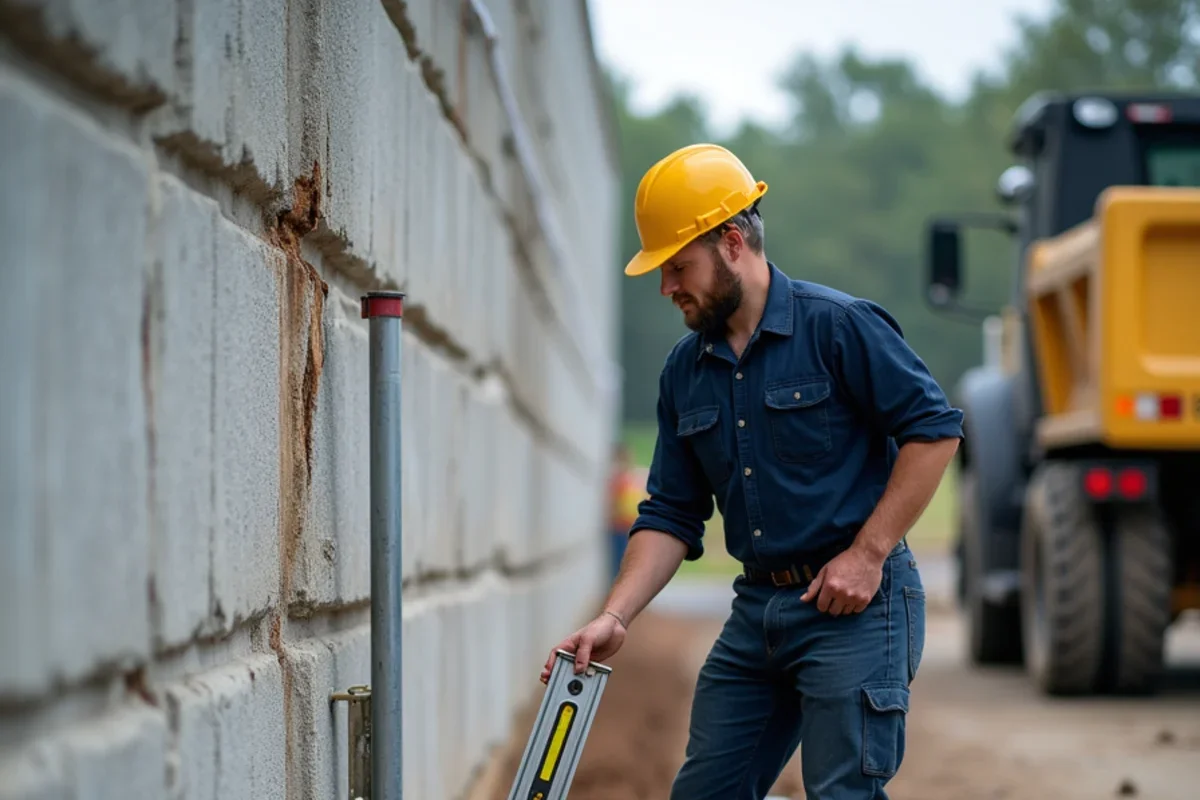 Masonry inspector checking leaning unreinforced retaining wall pushed out by trapped groundwater
