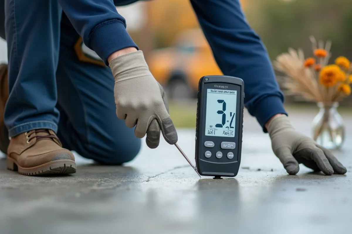Digital pinless concrete moisture meter verifying less than 4 percent moisture before sealing
