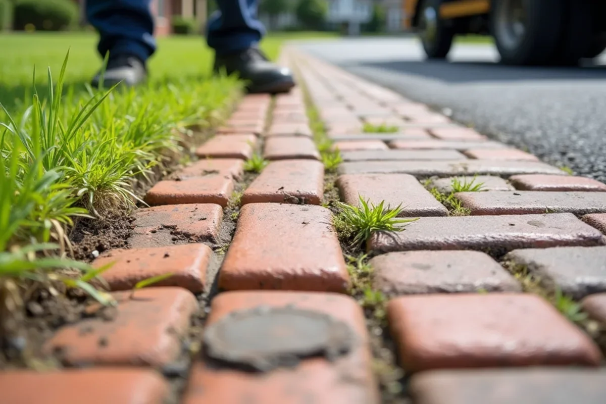 Uneven settled interlocking brick pavers showing sunken tire ruts and shifted edges