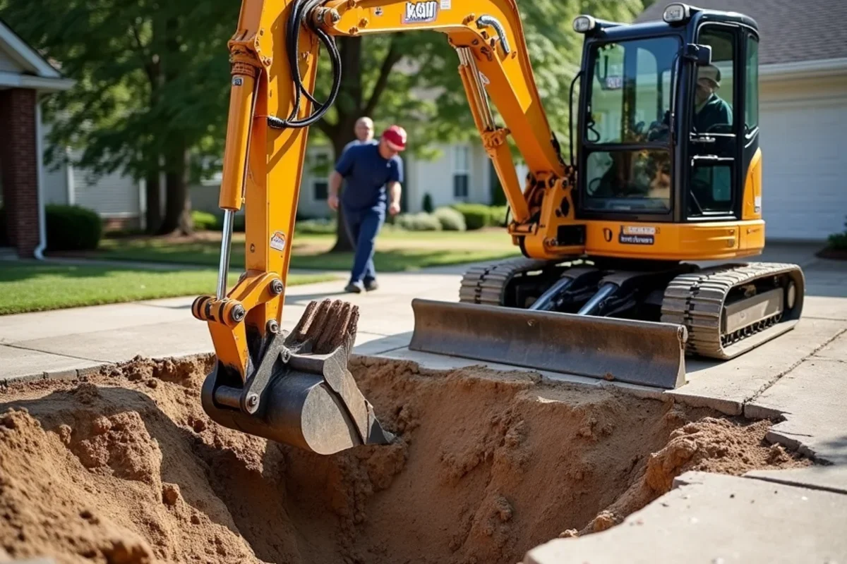 Excavating decayed organic tree root ball material from underneath shattered concrete driveway panel