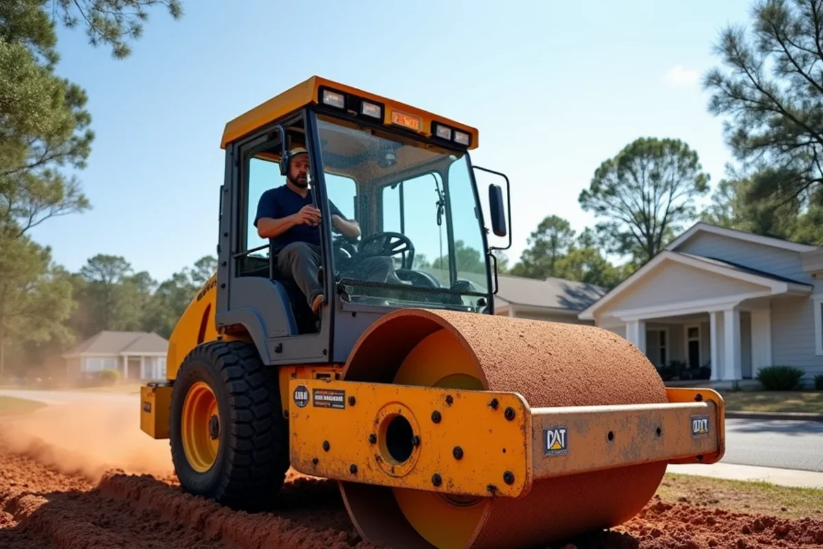 Heavy diesel reversible plate compactor consolidating red clay subgrade before stone placement