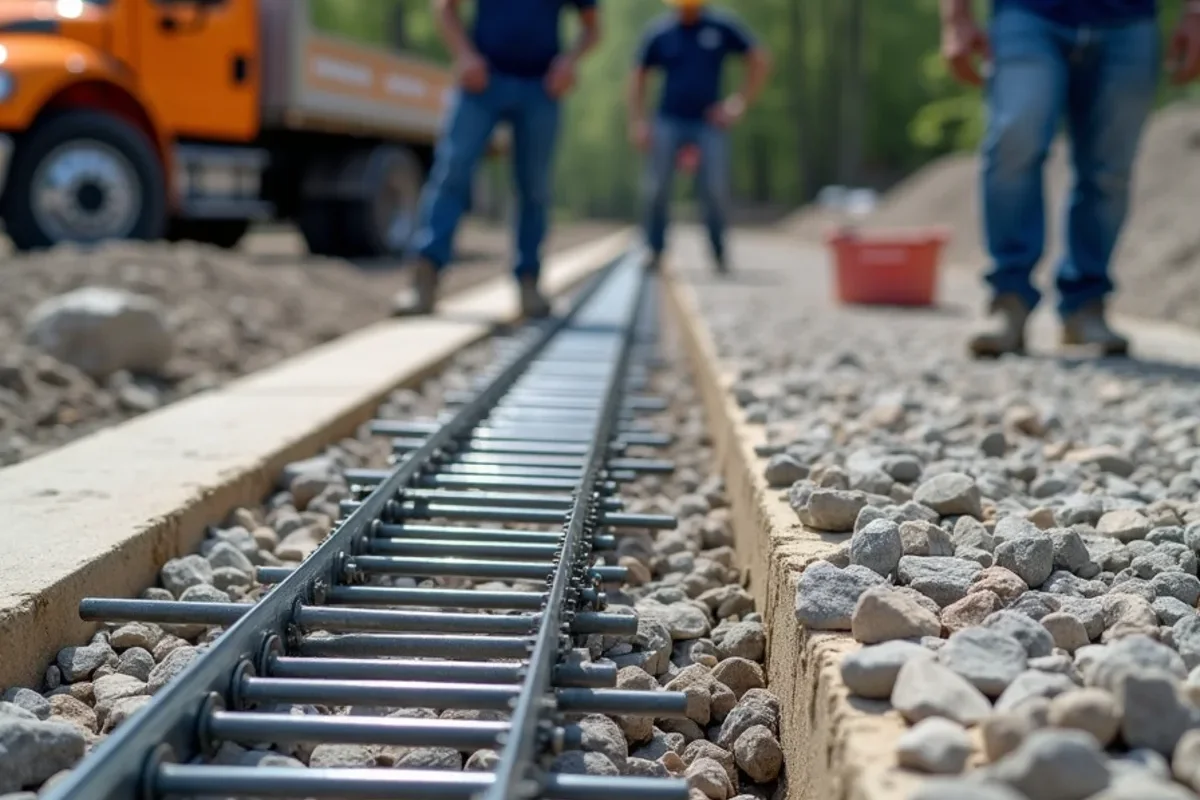 Engineered steel dowel baskets aligned across commercial concrete contraction joints for load transfer