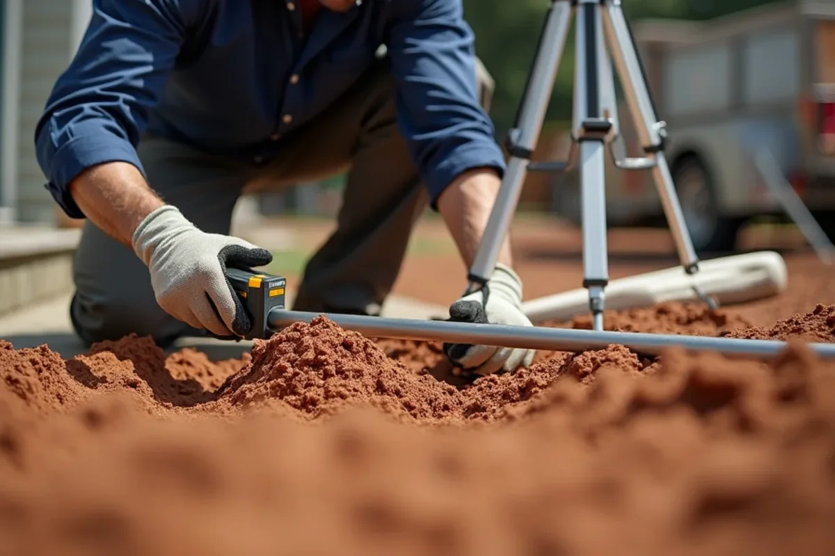 Concrete project manager checking subgrade soil elevation with a digital laser level rod in North Augusta