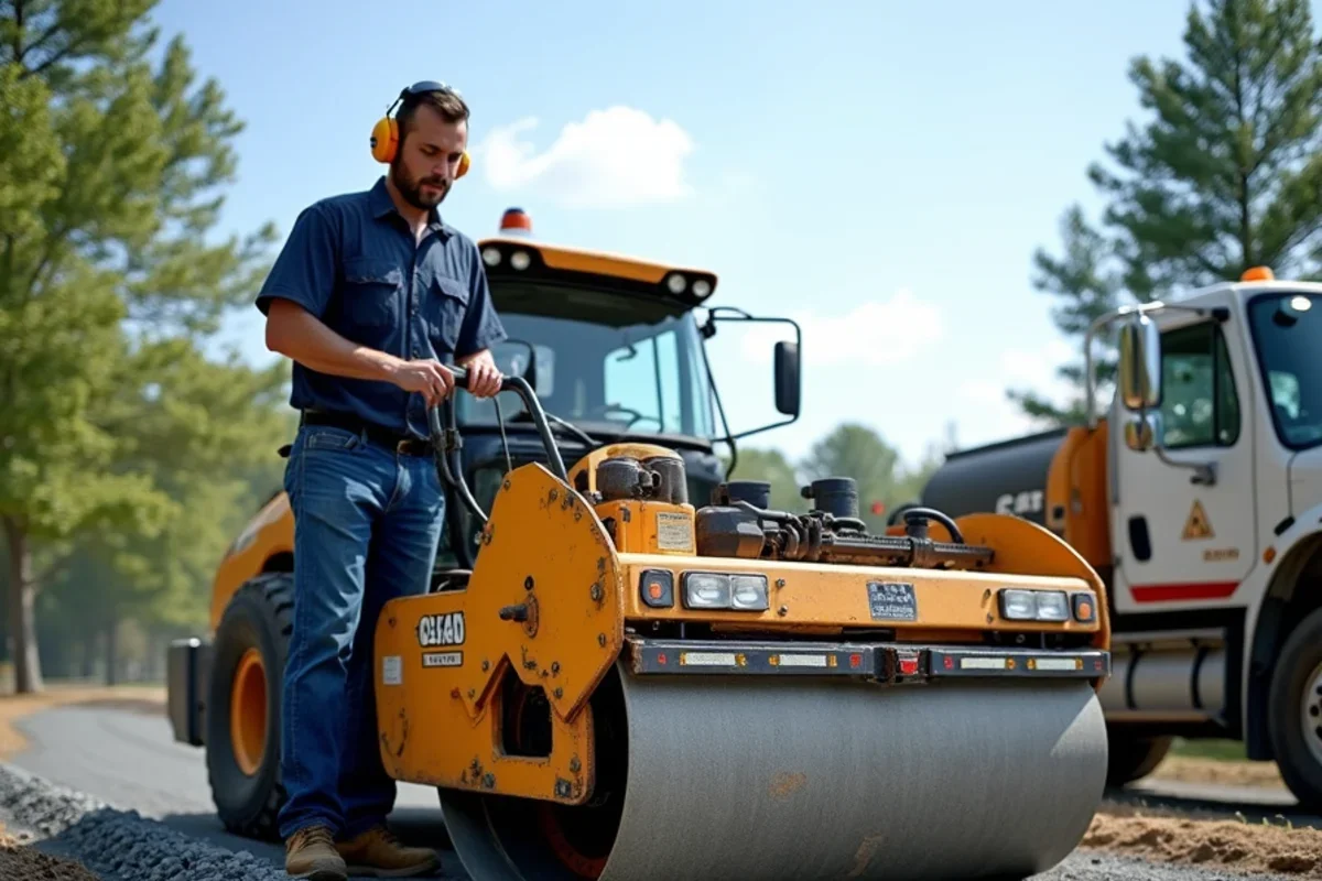 Heavy vibratory plate compactor compressing a 4-inch CR-14 crushed granite stone aggregate base
