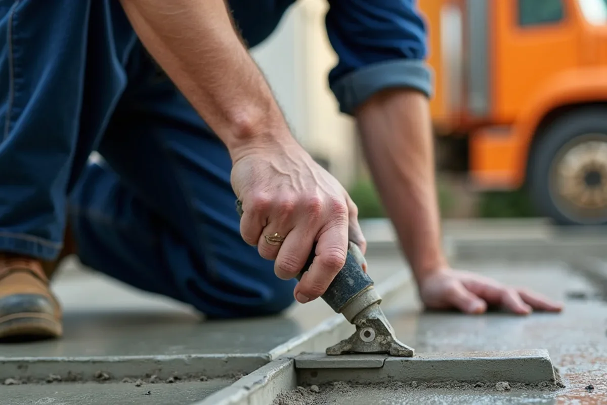 Artisan concrete finisher cutting crisp straight contraction control joints into fresh concrete slab