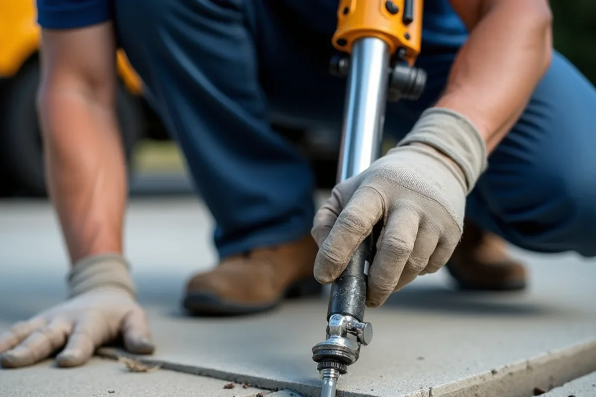 Applying commercial gray self-leveling polyurethane joint sealant into clean saw-cut joint