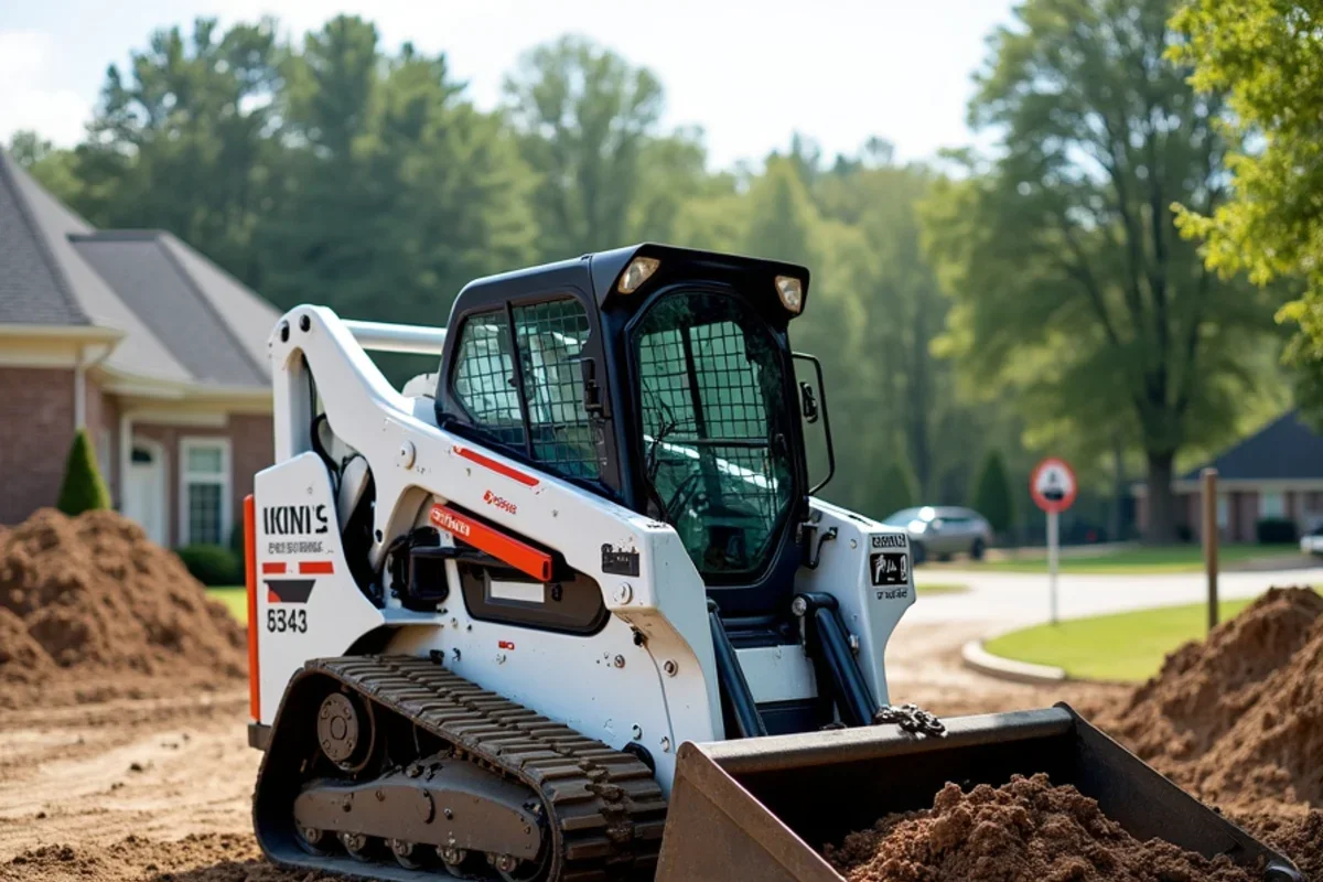 Compact track loader excavating topsoil to establish positive drainage slope for driveway
