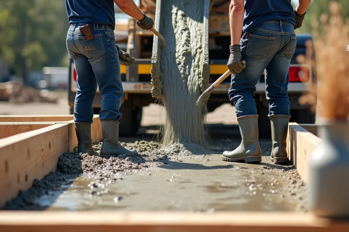 Ready-mix concrete truck chute discharging 4,000 PSI low-water concrete into prepared driveway forms