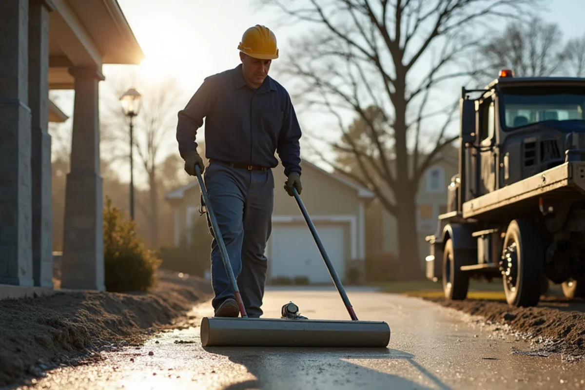 Finisher operating long-handled magnesium bull float to embed aggregate and level fresh concrete surface