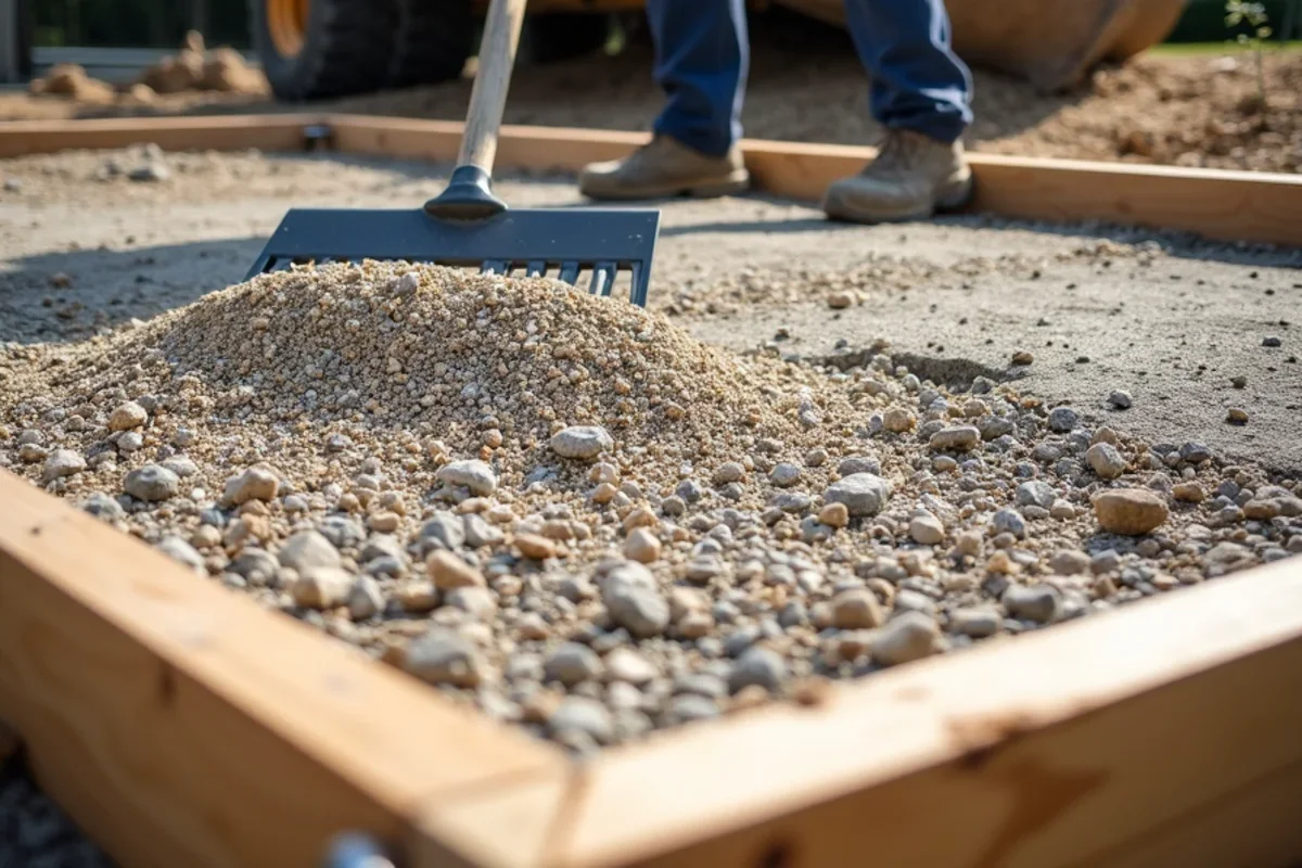 Spreading and raking clean crushed stone base course uniformly across patio excavation footprint