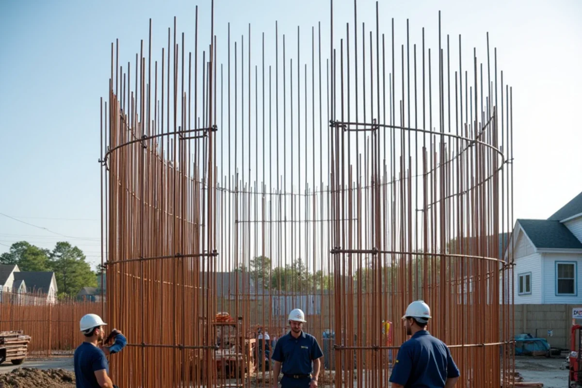 Continuous Grade 60 #5 vertical and horizontal steel rebar grid tied inside retaining wall formwork