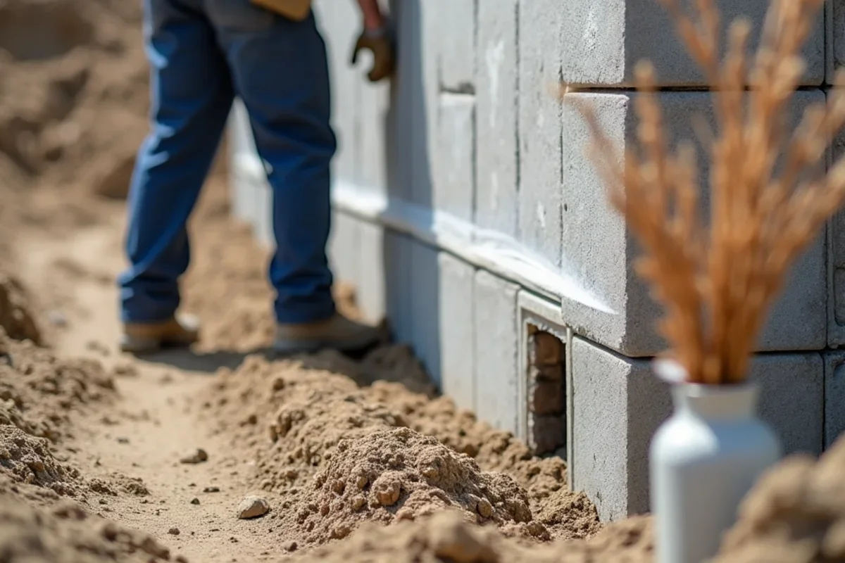 Perforated PVC weep hole pipes and washed granite gravel drainage chimney installed behind retaining wall