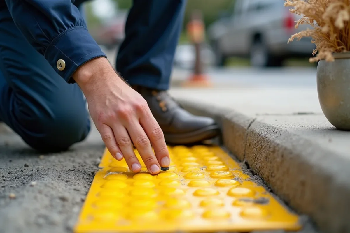 Installing cast-in-place yellow truncated dome warning tiles into wet concrete curb ramp transition