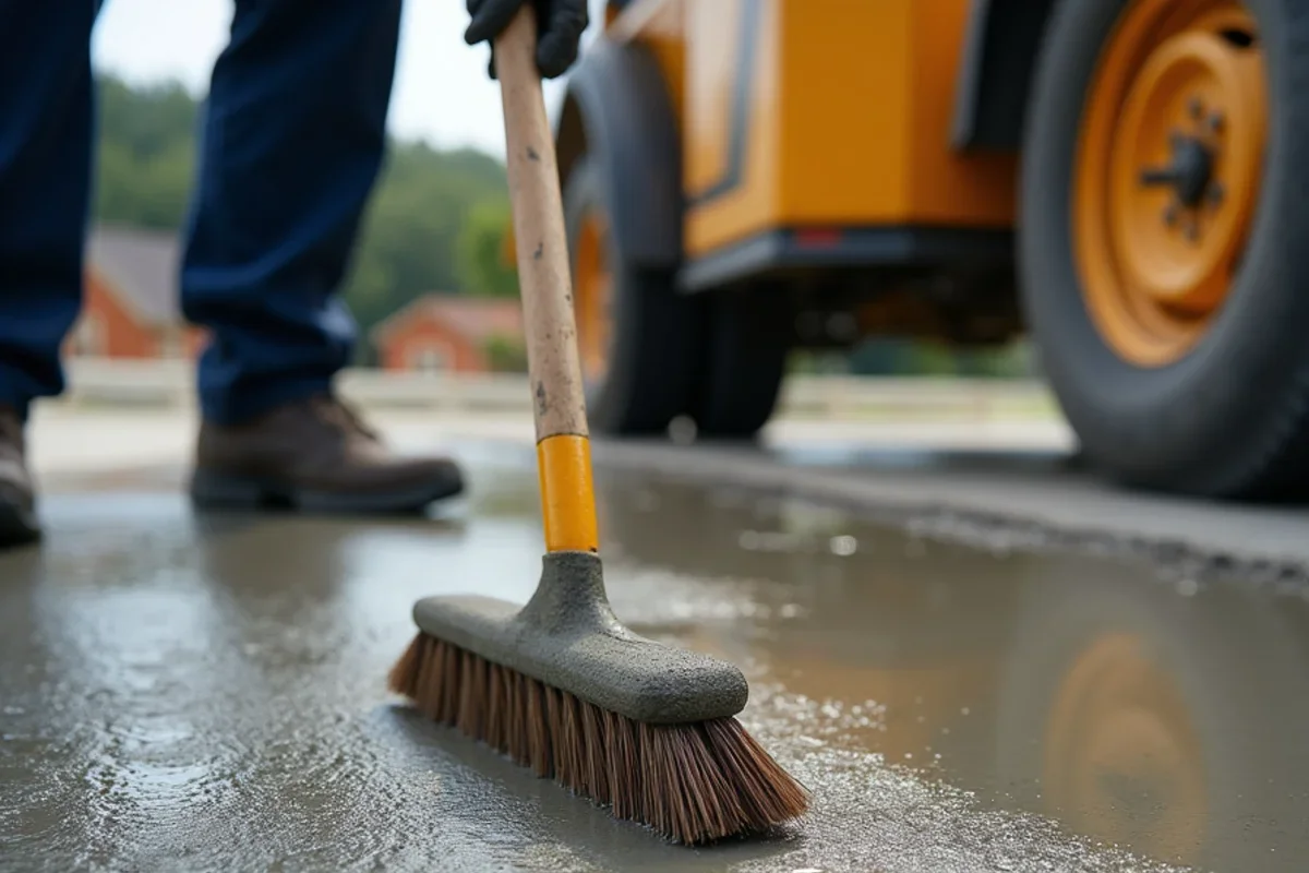 Finisher pulling soft horsehair concrete broom across surface creating fine non-slip walking texture