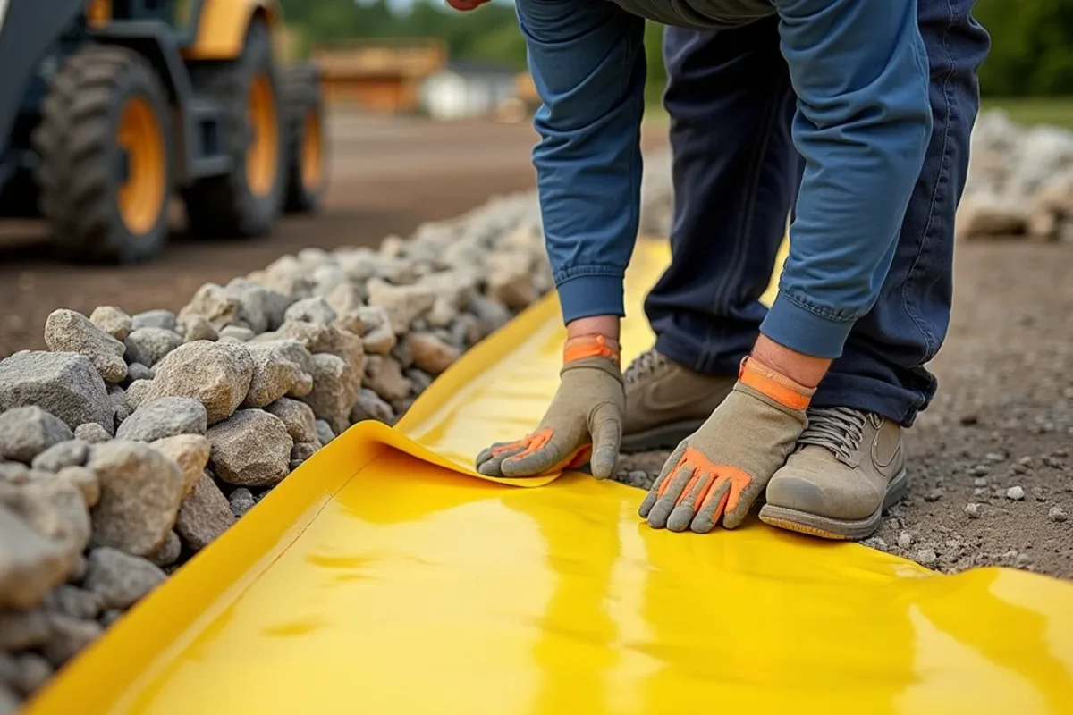 Heavy-duty 15-mil virgin polyolefin vapor retarder membrane installed across aggregate base with taped seams