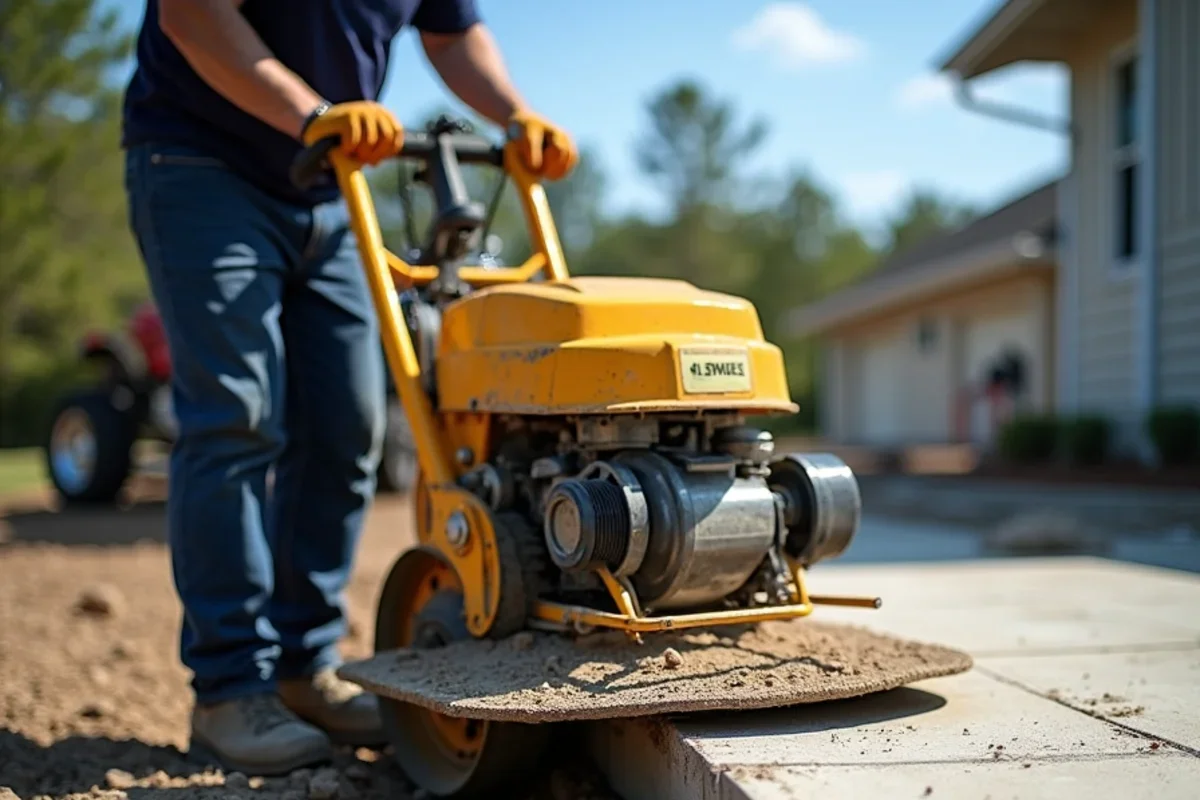 Vibratory plate compactor packing clay-gravel backfill firmly against concrete slab perimeter