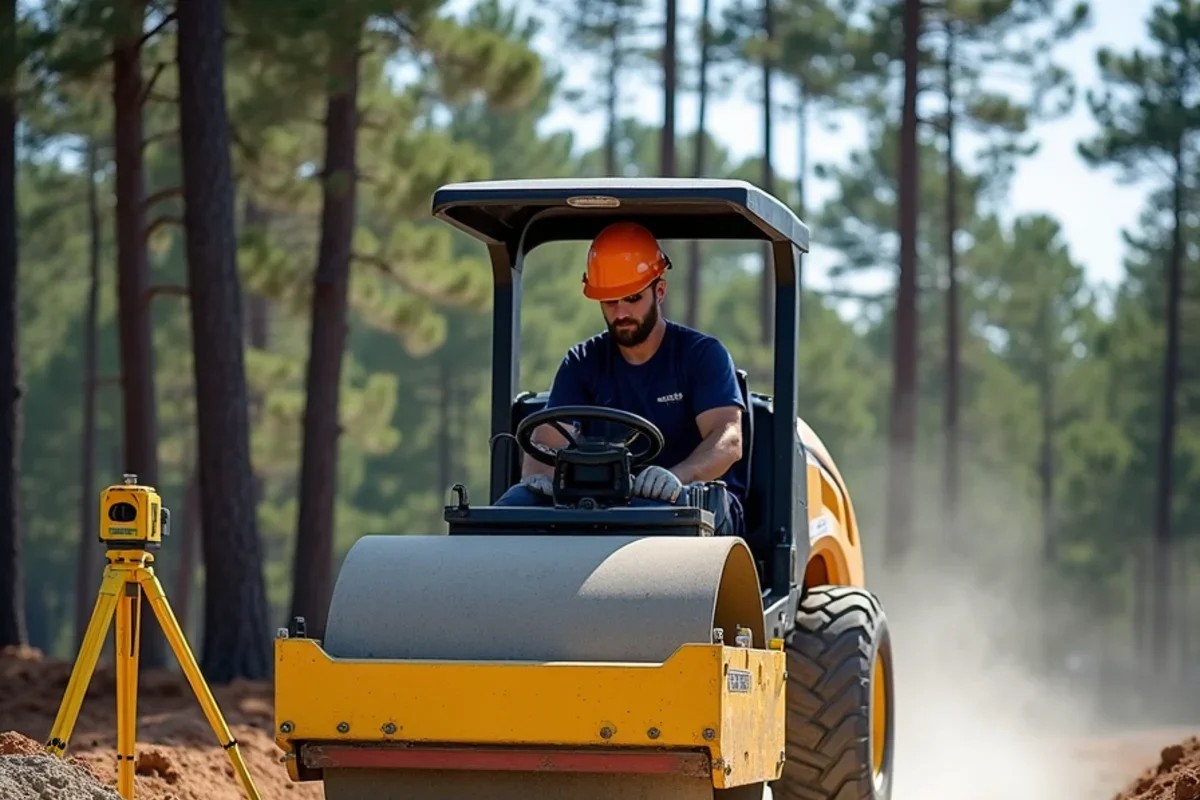 Compactor preparing 6-inch crushed granite base course over loose Sandhills sand subgrade