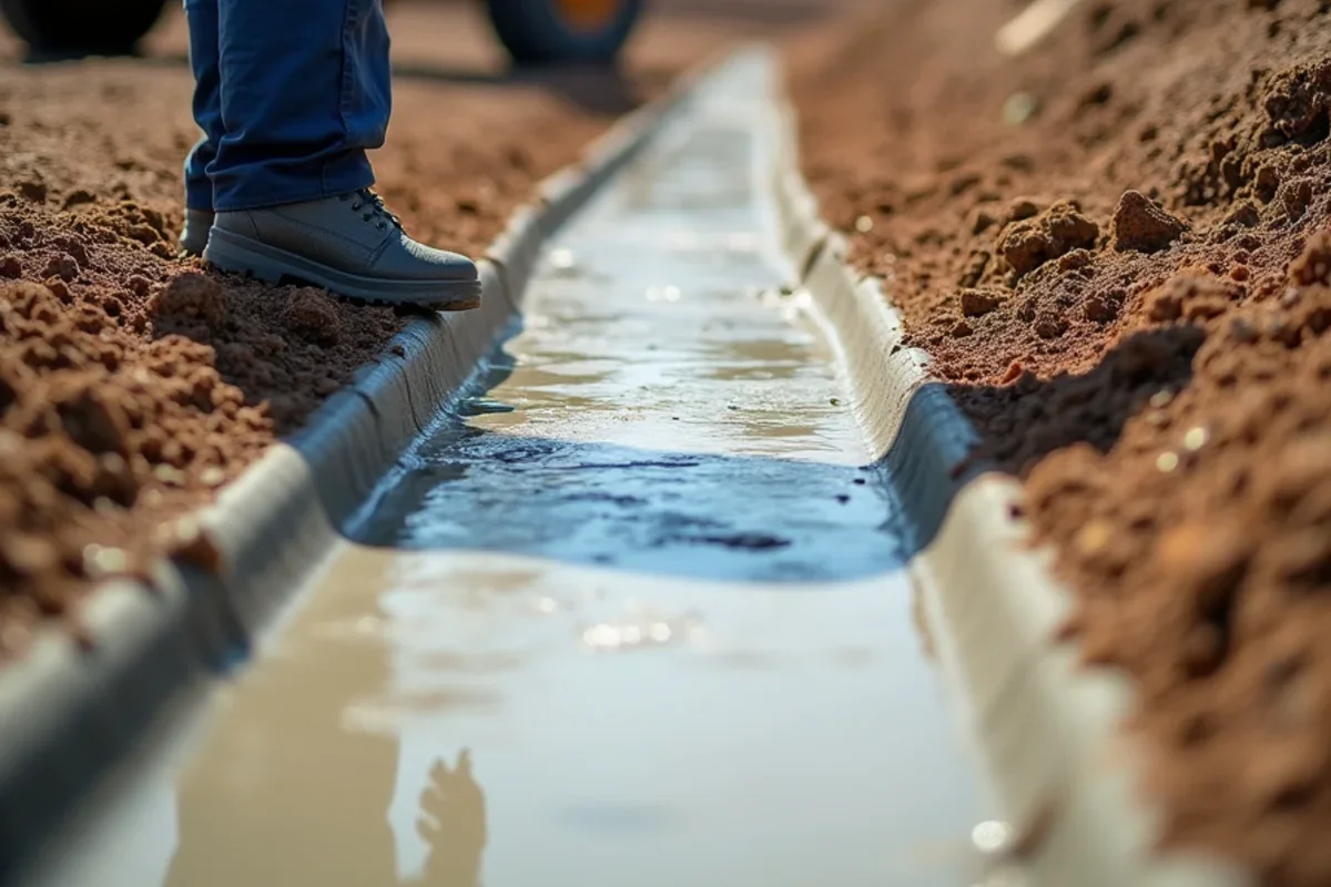 Paved concrete drainage swale directing stormwater away from residential building foundations