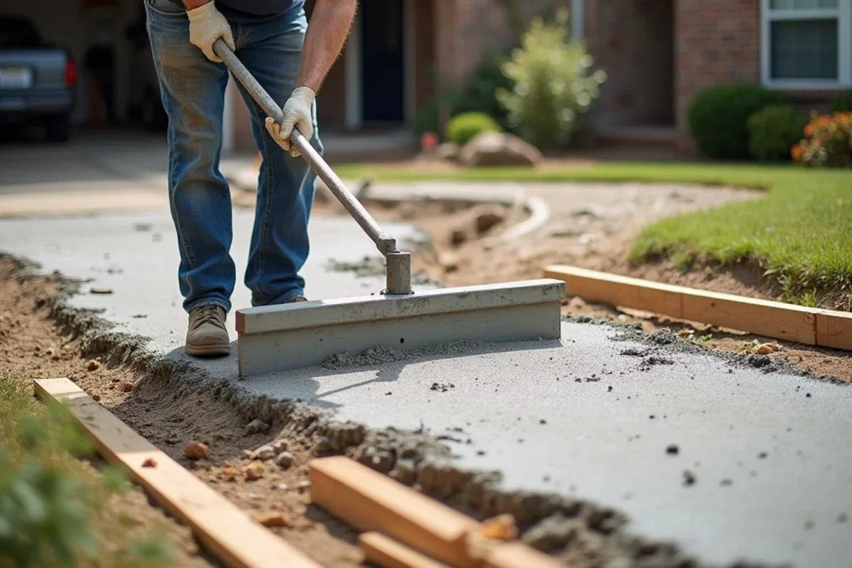 Concrete finisher screeding fresh concrete on a residential driveway replacement in Belvedere