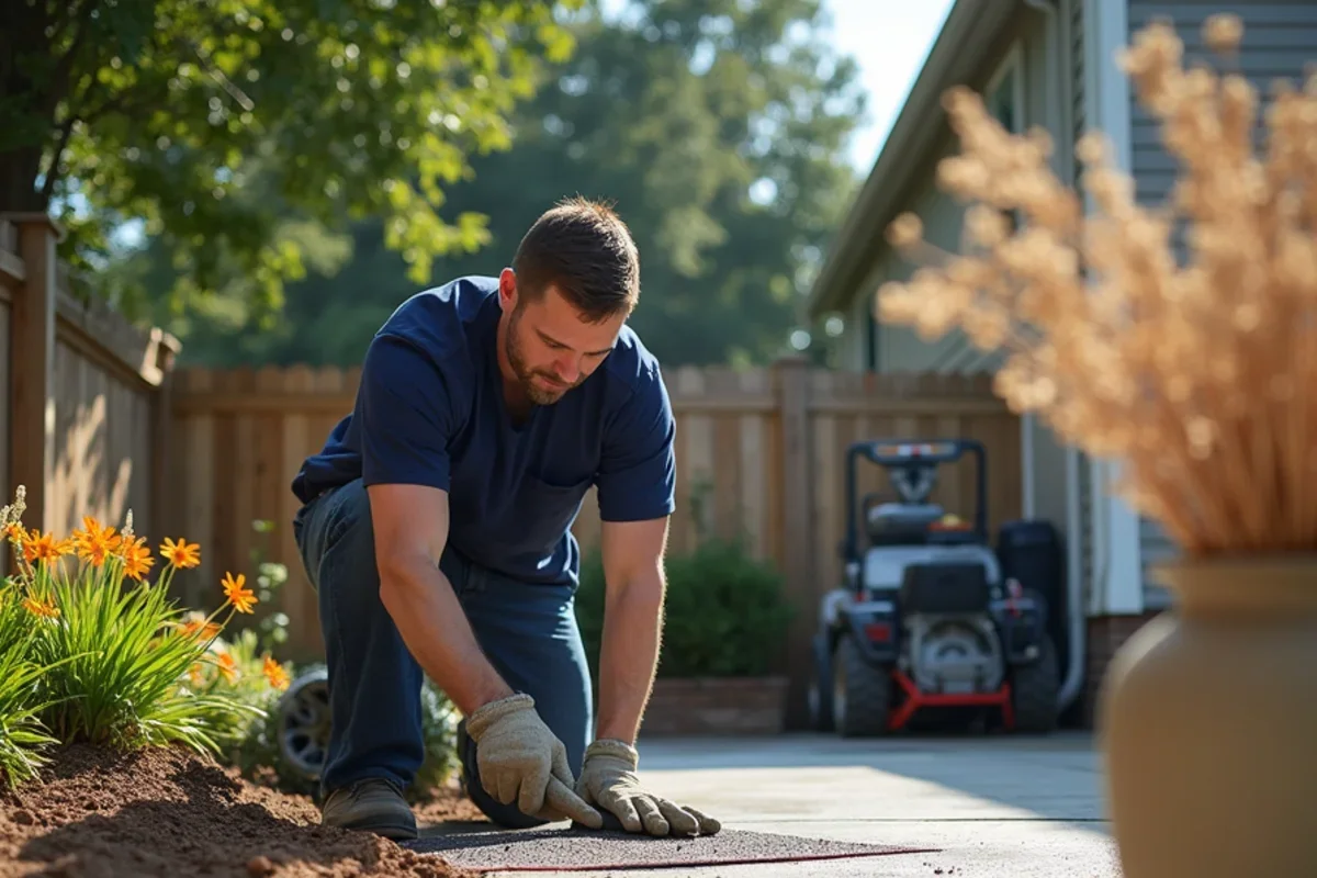 Craftsman hand-tooling borders on a newly poured outdoor concrete patio in a Belvedere backyard