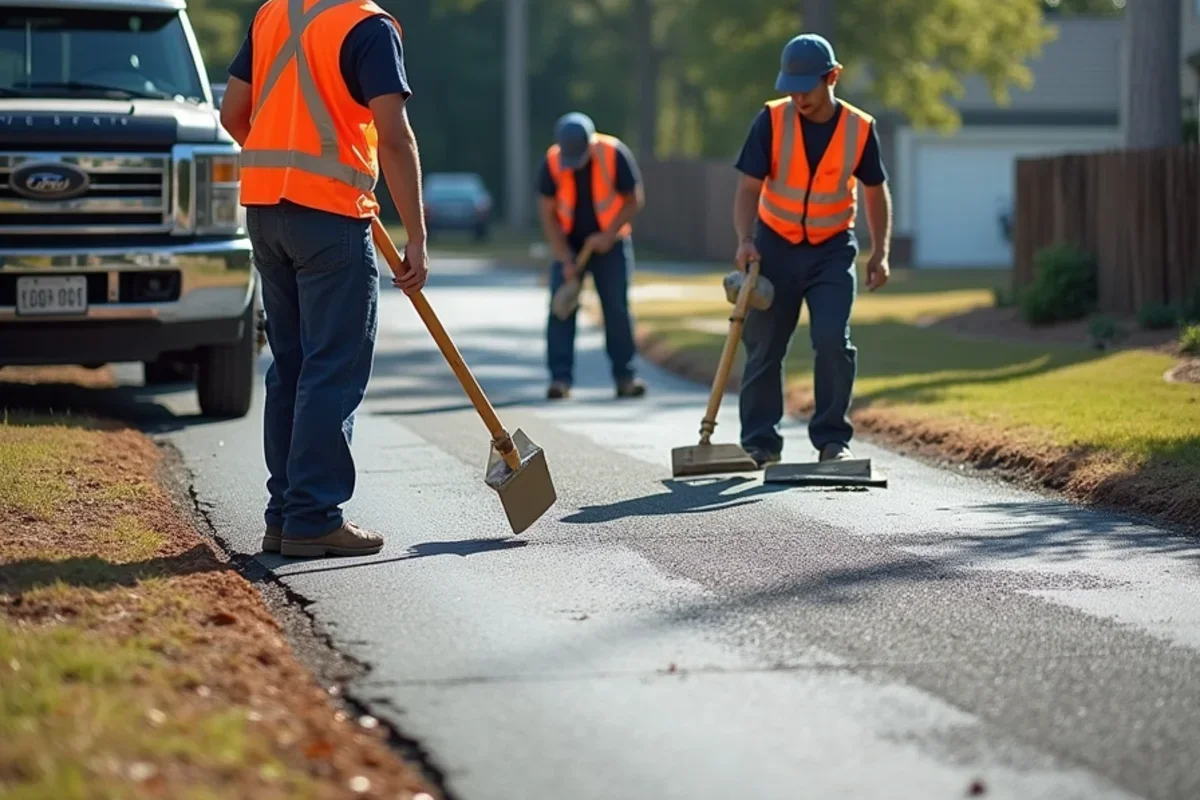 Concrete finishers shaping a curved flared driveway apron connecting to residential street in Burnettown