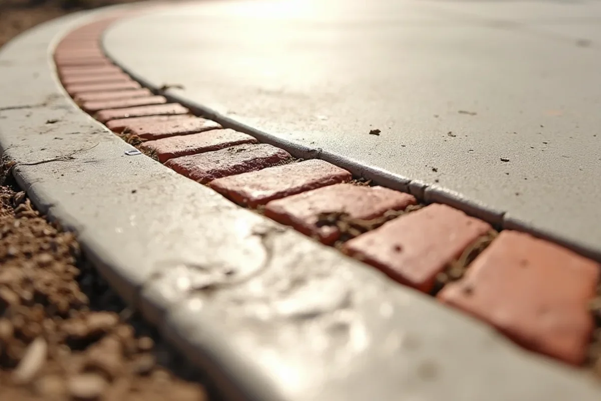 Artisan stamped concrete border framing a smooth broom-finished patio in Burnettown backyard