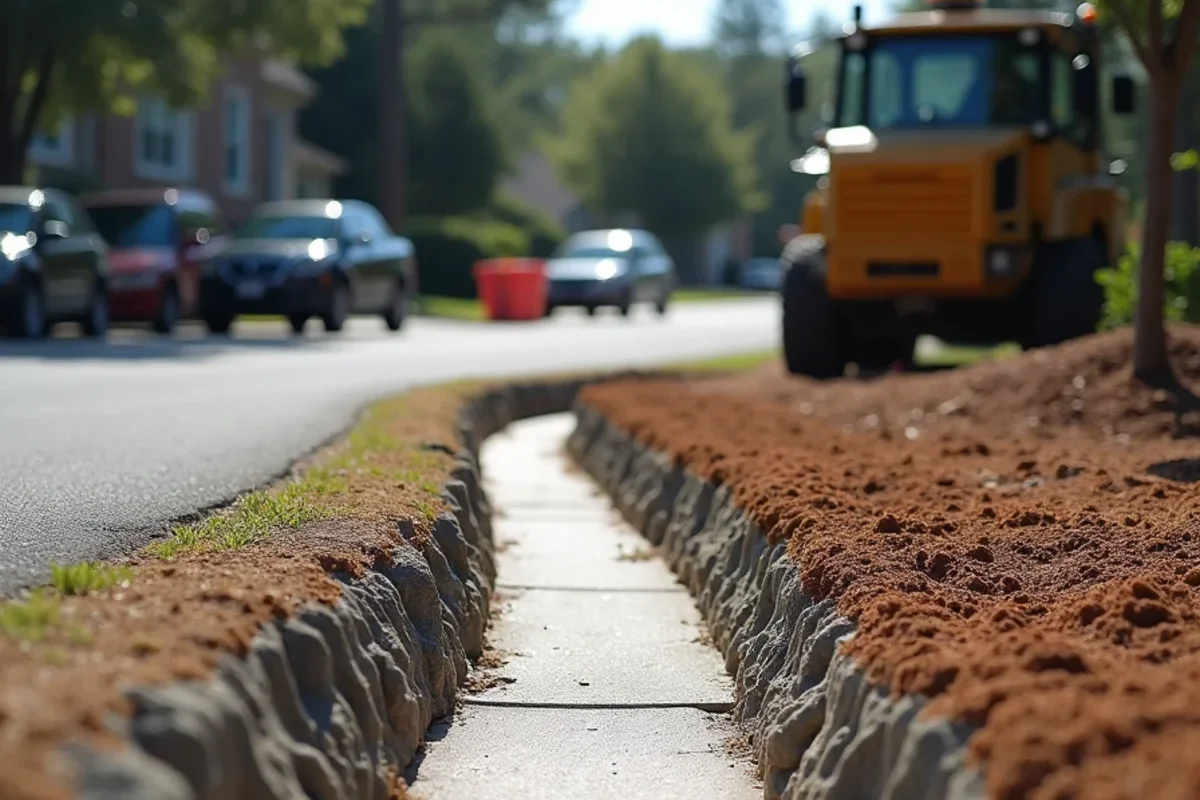 Concrete valley swale channeling high-velocity hill stormwater safely around driveway in Clearwater