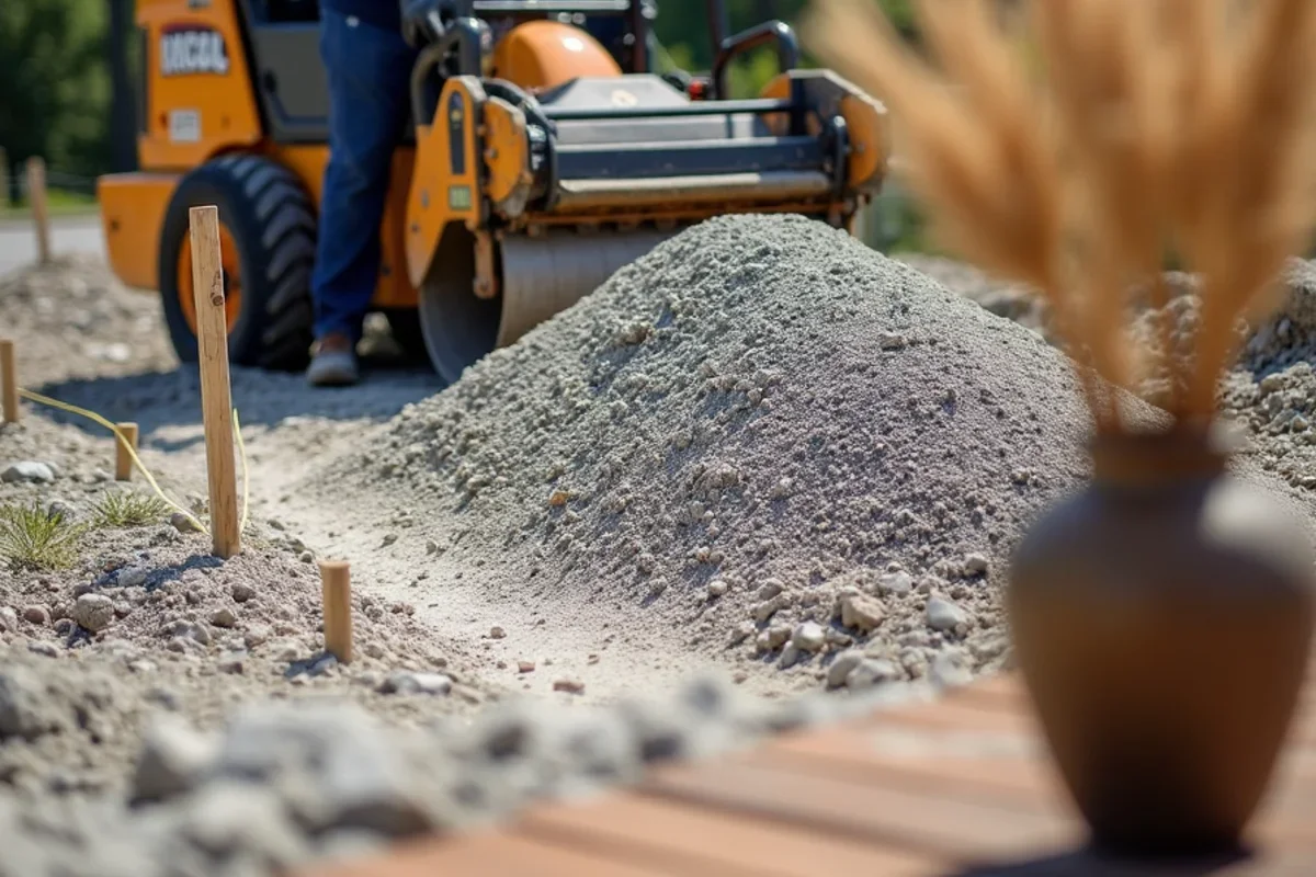 Plate compactor packing dense crusher run stone on steep sloped driveway subgrade in Clearwater