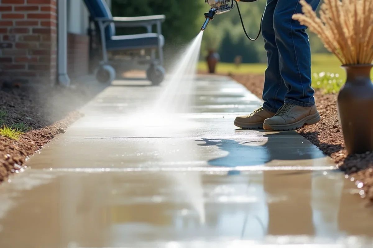Applying clear penetrating sealer with non-slip traction additive to decorative concrete in Edgefield
