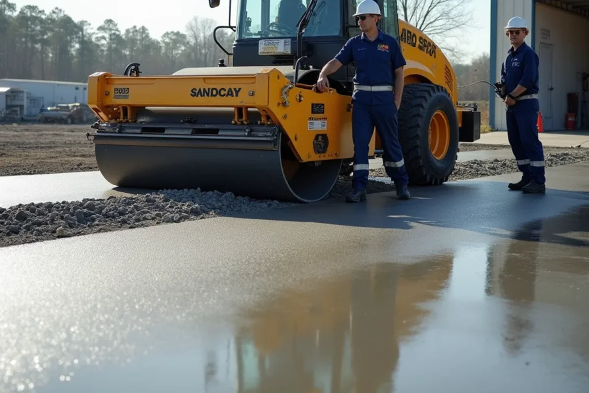 Vibratory screed consolidating low-slump 4500 PSI concrete on industrial apron in Graniteville