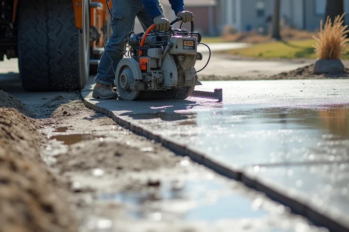 Saw-cutting deep contraction joints into heavy commercial concrete truck apron in Graniteville